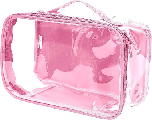 Small Clear Travel Packing Cube/See Through PVC Plastic Pouch for Carry On Suitcase, Backpack or Diaper Bag/Transparent Multipurpose Accessories, Makeup & Underwear Organizer w/Handle (Rose)