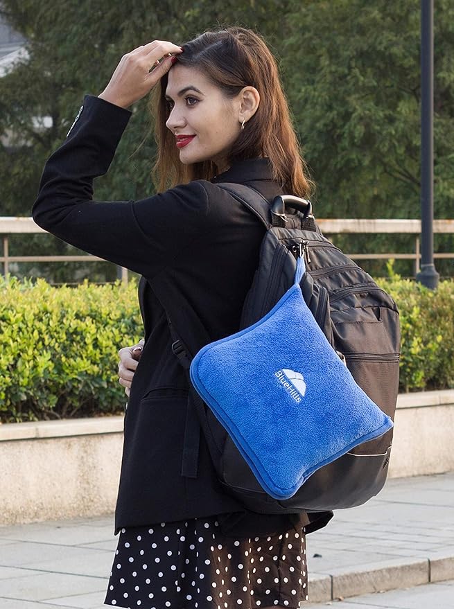 BlueHills Premium Soft Travel Blanket Pillow Airplane Blanket Packed in Soft Bag Pillowcase with Hand Luggage Belt and Backpack Clip, Compact Pack Large Plush for Any Travel (Royal Blue T003)