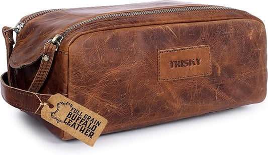 TRISKY Buffalo Leather Toiletries Bag For Men & Women- Mens Toiletry Bags, Travel Pouch With Water Resistant Lining, Mens Toiletry Travel Bag Leather, King-size Handcrafted - Tan