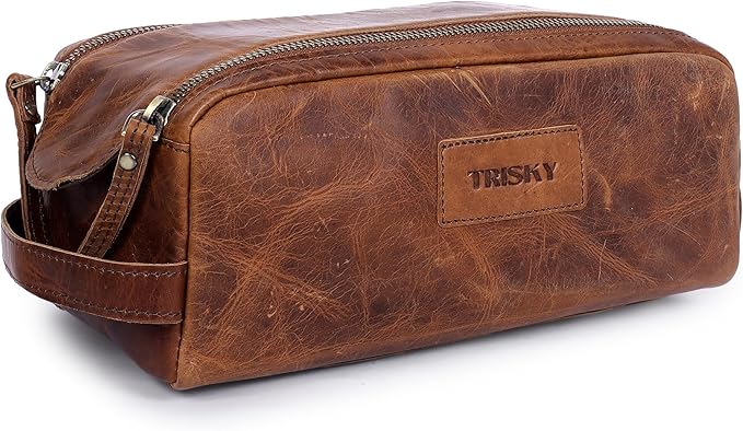 TRISKY Buffalo Leather Toiletries Bag For Men & Women- Mens Toiletry Bags, Travel Pouch With Water Resistant Lining, Mens Toiletry Travel Bag Leather, King-size Handcrafted - Tan