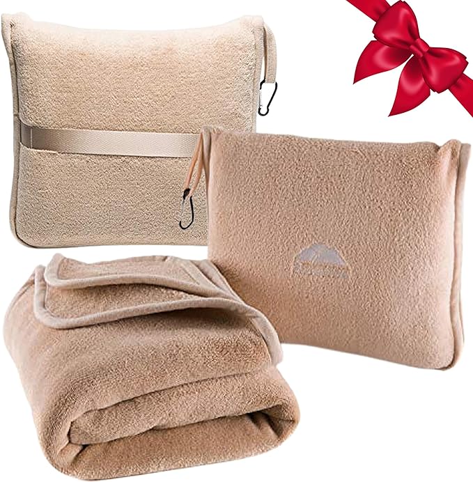 BlueHills Premium Soft Travel Blanket Pillow Airplane Blanket Packed in Soft Bag Pillowcase with Hand Luggage Belt Backpack Clip Compact Pack Large Portable Flight Throw Beige T005