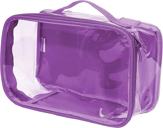Small Clear Travel Packing Cube/See Through PVC Plastic Pouch for Carry On Suitcase, Backpack or Diaper Bag/Transparent Multipurpose Accessories, Makeup & Underwear Organizer w/Handle (Purple)