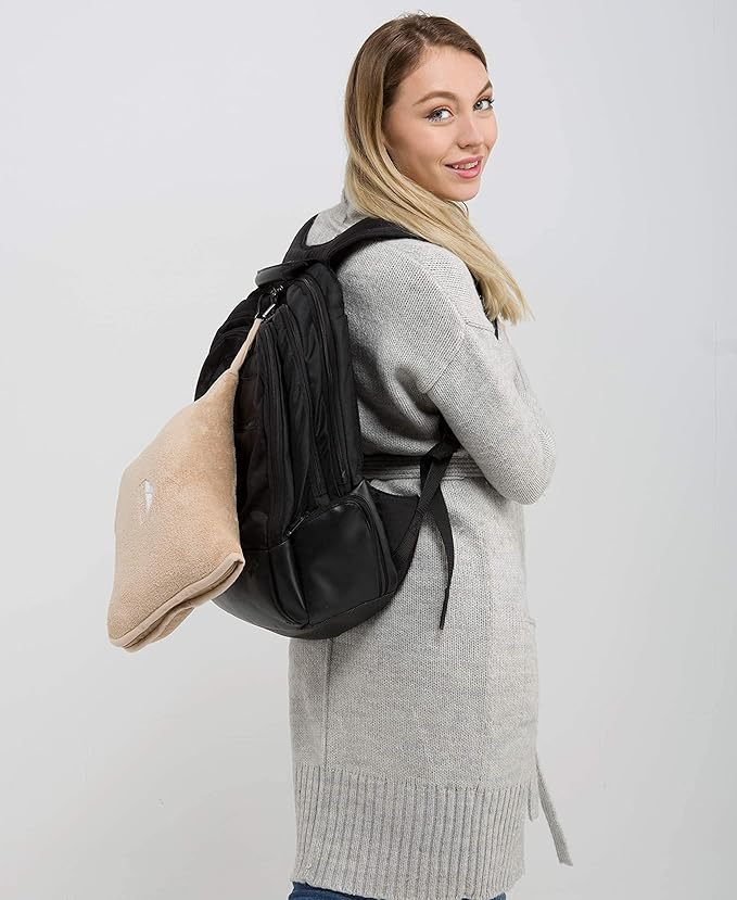 BlueHills Premium Soft Travel Blanket Pillow Airplane Blanket Packed in Soft Bag Pillowcase with Hand Luggage Belt Backpack Clip Compact Pack Large Portable Flight Throw Beige T005