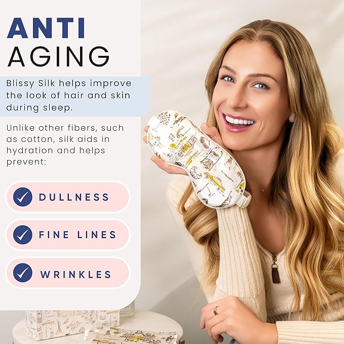 Blissy Silk Sleep Mask - Eye Sleeping Mask for Women & Men for Total Blackout - 100% Pure Mulberry Silk, 22 Momme 6a Fibers - Blindfold Sleep Mask Side Sleeper Eye Cover (NY to Paris)