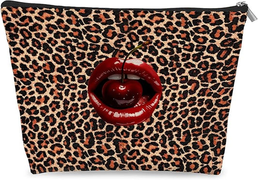 Trendy Leopard Print Cherry Makeup Bag, Preppy Cheetah Red Lips Cosmetic Bag for Women, Funky Y2k Aesthetic Small Toiletry Bags Zipper Makeup Pouch