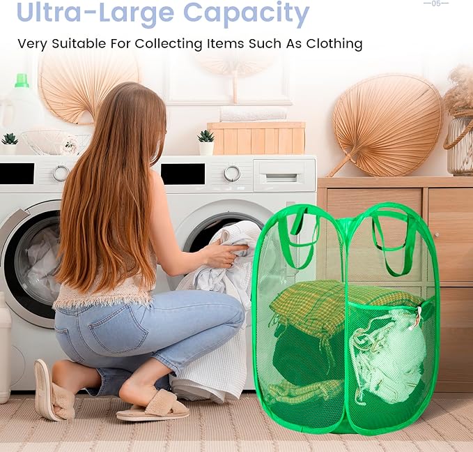 HOUSE AGAIN Pop Up Laundry Hamper, Strong Mesh Laundry Baskets Collapsible, Hamper with Handles and Side Pocket, Portable Foldable Dirty Clothes for Dorm, Laundry room and Travel Storage, Green