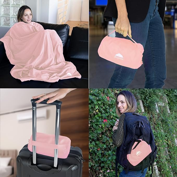 BlueHills Ultra Compact Travel Blanket 2 Pack Large Soft Cozy Portable Blanket Sheet with Carry Case and for Flight Airplane Car Layover Camping Hotel C206-2PK-Pink