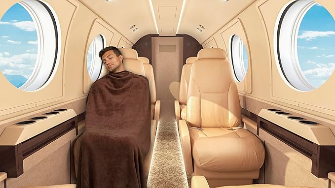 BlueHills Premium Soft Travel Blanket Pillow Airplane Blanket Soft Bag Pillow case with Hand Luggage Belt and Backpack Clip Compact Pack Large Portable Throw Air Plane Flight Travel (Brown T009)