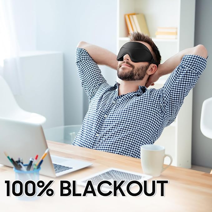 Sleep Mask - Total Blackout 3D Sleeping Mask, Super Lightweight & Silky Soft Eye Mask for Sleeping, Fully Adjustable Fit for Home, Office, Traveling, Meditation, Yoga, Black