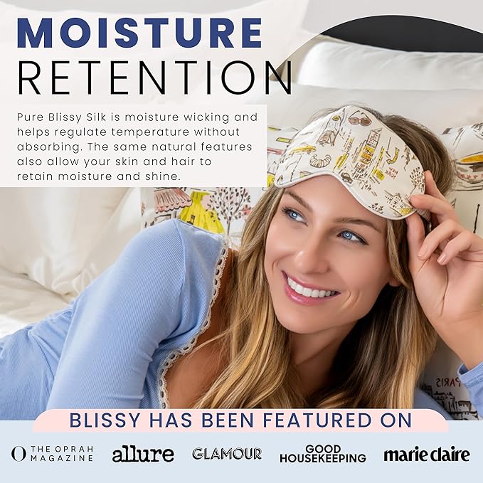 Blissy Silk Sleep Mask - Eye Sleeping Mask for Women & Men for Total Blackout - 100% Pure Mulberry Silk, 22 Momme 6a Fibers - Blindfold Sleep Mask Side Sleeper Eye Cover (NY to Paris)