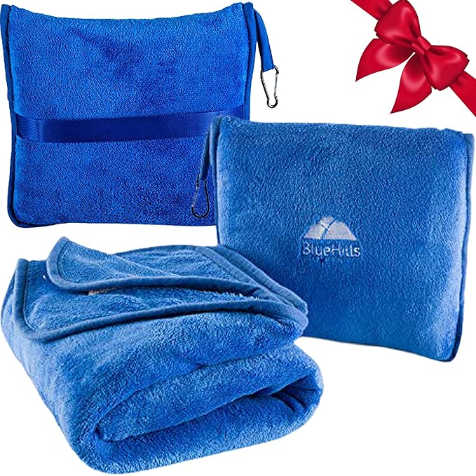 BlueHills Premium Soft Travel Blanket Pillow Airplane Blanket Packed in Soft Bag Pillowcase with Hand Luggage Belt and Backpack Clip, Compact Pack Large Plush for Any Travel (Royal Blue T003)