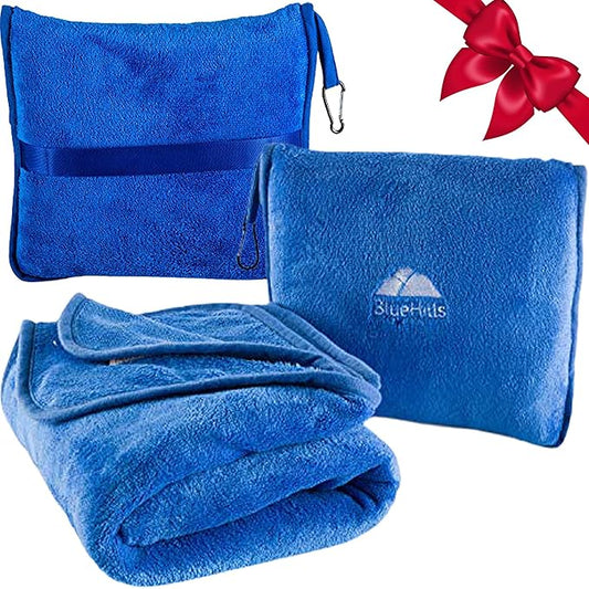 BlueHills Premium Soft Travel Blanket Pillow Airplane Blanket Packed in Soft Bag Pillowcase with Hand Luggage Belt and Backpack Clip, Compact Pack Large Plush for Any Travel (Royal Blue T003)