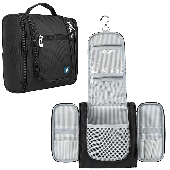 PAVILIA Toiletry Bag Travel Bag for Women Men, Hanging Cosmetic Organizer, Water Resistant Makeup Bag for Accessories Toiletries, Large Travel Essentials Kit (Black)