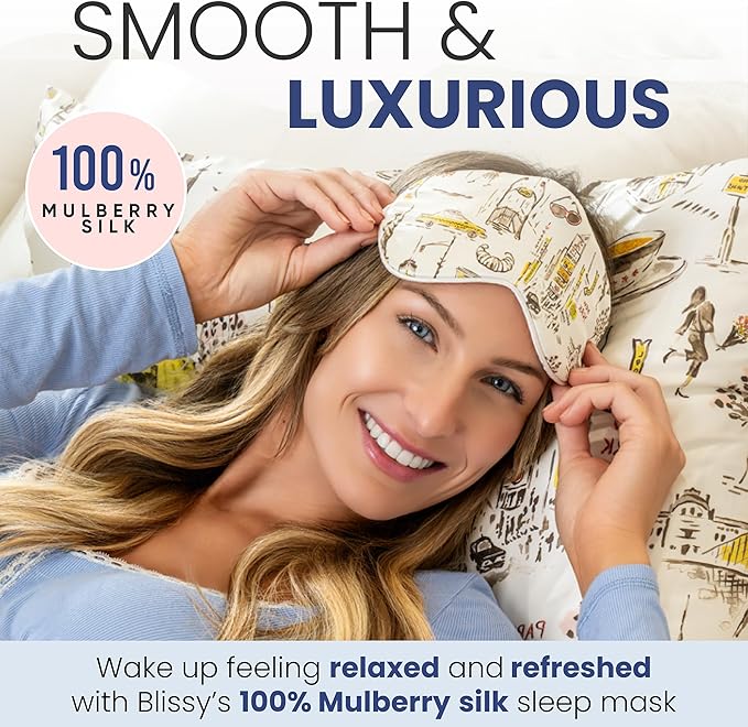 Blissy Silk Sleep Mask - Eye Sleeping Mask for Women & Men for Total Blackout - 100% Pure Mulberry Silk, 22 Momme 6a Fibers - Blindfold Sleep Mask Side Sleeper Eye Cover (NY to Paris)