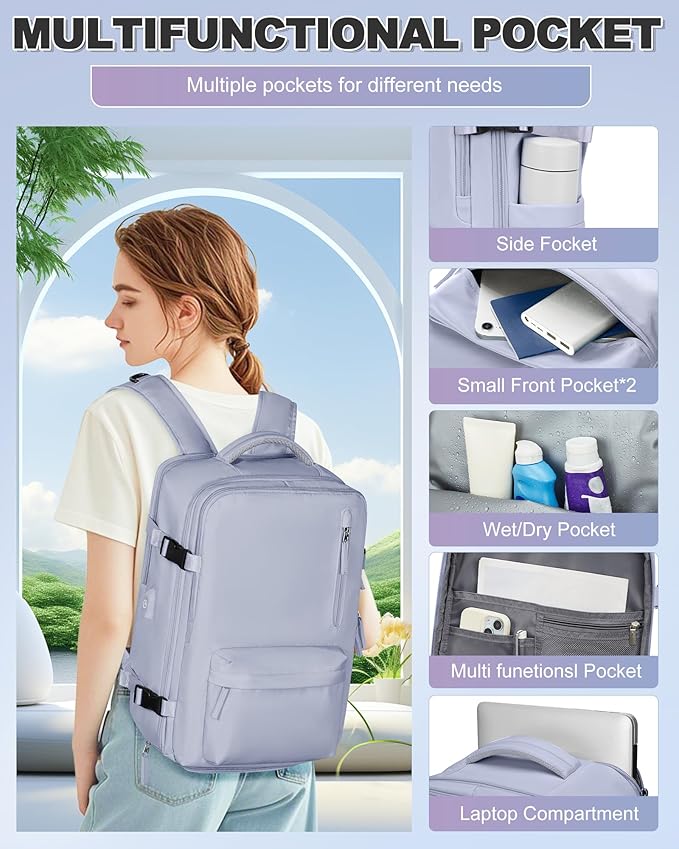 VGCUB Large Travel Backpack with Vacuum System Carry on 18x14x8 Inches Storage Compression Bags with Electric Pump Work Business Vacpack College Laptop Backpack for Women Men Purple Taro