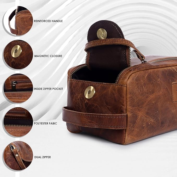 TRISKY Buffalo Leather Toiletries Bag For Men & Women- Mens Toiletry Bags, Travel Pouch With Water Resistant Lining, Mens Toiletry Travel Bag Leather, King-size Handcrafted - Tan