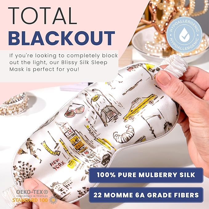 Blissy Silk Sleep Mask - Eye Sleeping Mask for Women & Men for Total Blackout - 100% Pure Mulberry Silk, 22 Momme 6a Fibers - Blindfold Sleep Mask Side Sleeper Eye Cover (NY to Paris)