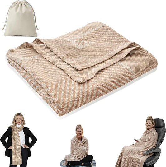 Compact Travel Blanket - Ultra Soft & Lightweight Knit Design Airplane Blanket, 53x72 Inch, Stylish Travel Shawl Wraps for Flights, Car,Travel Essentials, Gifts, Camping