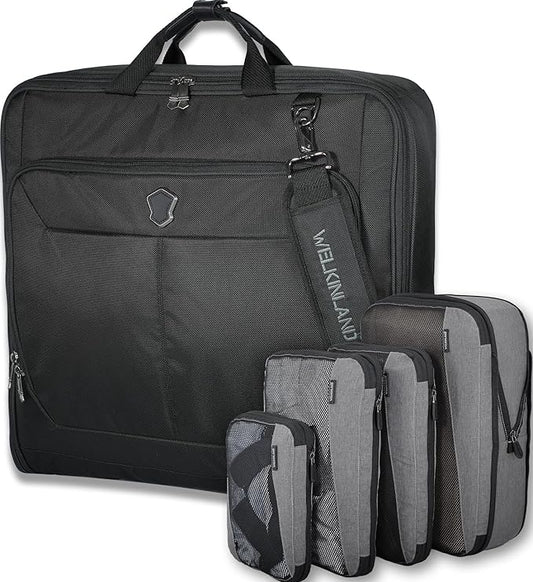 WELKINLAND 3-Suits Garment Bags for Travel W/ 4-Pack Compression Packing Cubes, 30L-Large Carry On Garment Bag for Travel, 15-Pockets Suit Holder Travel Bag, Wrinkle-Free Suit Garment Bag for Men