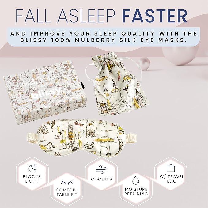 Blissy Silk Sleep Mask - Eye Sleeping Mask for Women & Men for Total Blackout - 100% Pure Mulberry Silk, 22 Momme 6a Fibers - Blindfold Sleep Mask Side Sleeper Eye Cover (NY to Paris)