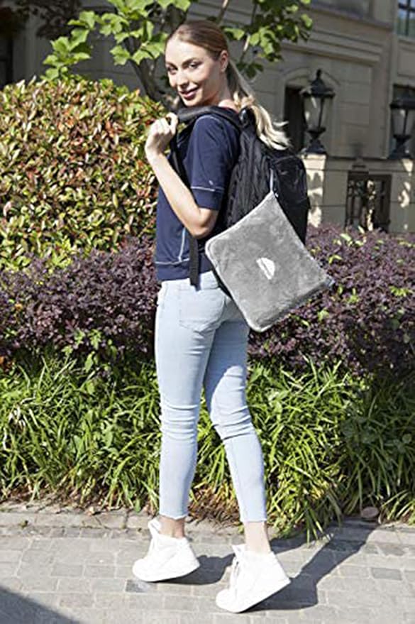 BlueHills Premium Soft Travel Blanket Pillow Airplane Flight Blanket Throw in Ultra-Soft Bag Pillow case Luggage Sleeve & Backpack Clip Large Air Warm Traveler Essentials - Light Gray T024