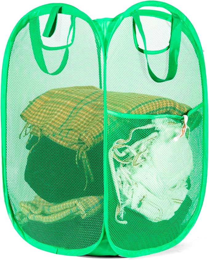 HOUSE AGAIN Pop Up Laundry Hamper, Strong Mesh Laundry Baskets Collapsible, Hamper with Handles and Side Pocket, Portable Foldable Dirty Clothes for Dorm, Laundry room and Travel Storage, Green