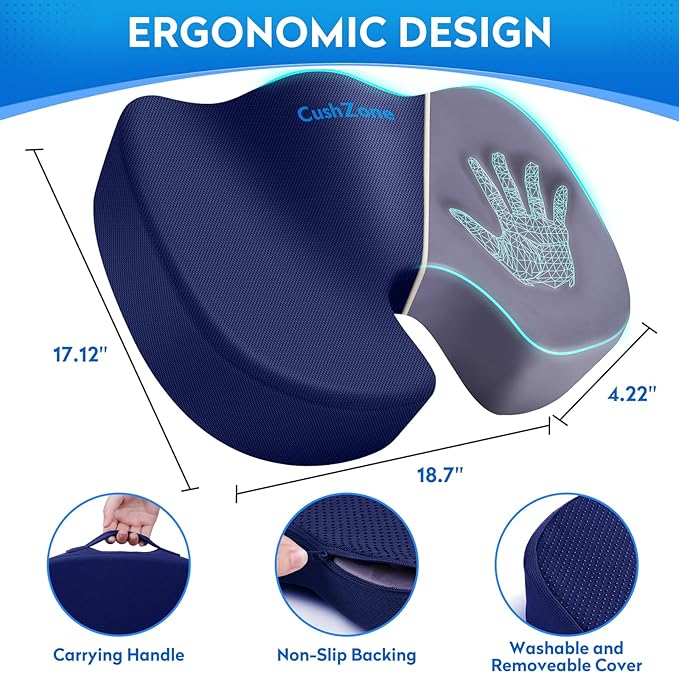 XXL Seat Cushion Office Car Seat Cushion, Memory Foam Cushion for Office Chair, Car Seat, Airplane, Bleacher Non-Slip Chair Pad, Butt Pillow for Desk, Wheelchair, Car (Blue)