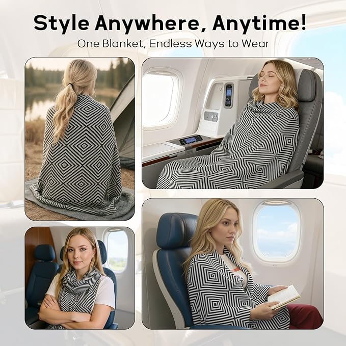 Compact Travel Blanket - Ultra Soft & Lightweight Knit Design Airplane Blanket, 53x72 Inch, Stylish Travel Shawl Wraps for Flights, Car,Travel Essentials, Gifts, Camping