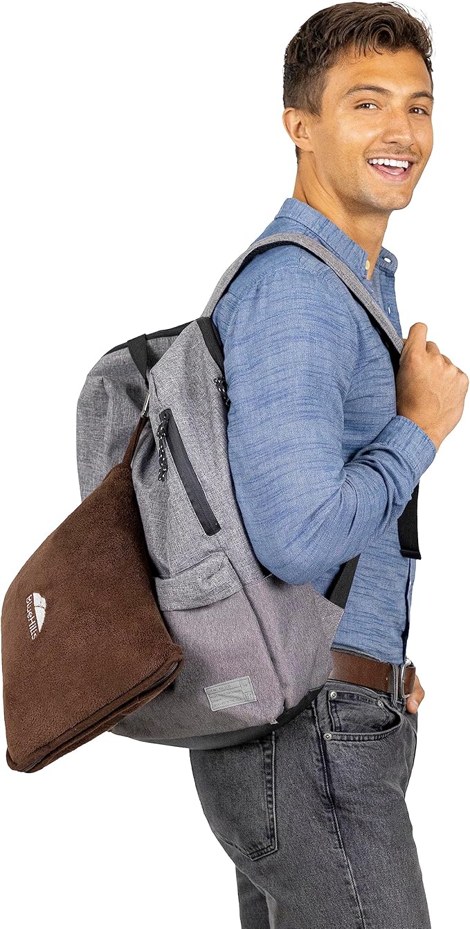 BlueHills Premium Soft Travel Blanket Pillow Airplane Blanket Soft Bag Pillow case with Hand Luggage Belt and Backpack Clip Compact Pack Large Portable Throw Air Plane Flight Travel (Brown T009)