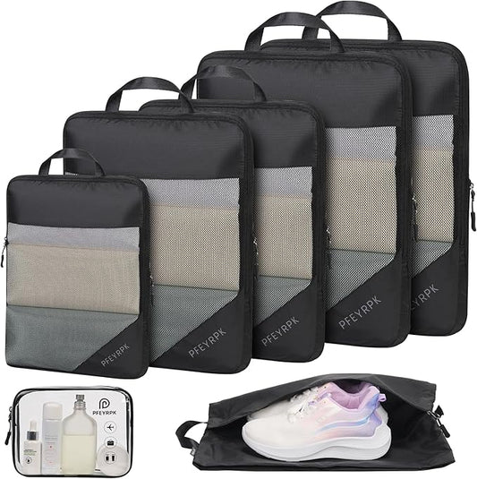 Lightweight Compression Packing Cubes for Suitcases, Compressible Expandable Travel Packing Organizer with Clear Toiletries and Backpack Bag, Travel Essentials for Carry on Luggage 7 Set