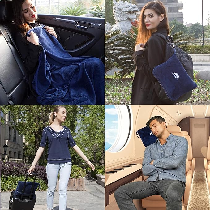BlueHills Premium Soft Travel Blanket Pillow Airplane Blanket Packed in Soft Bag Pillowcase with Hand Luggage Belt Compact Pack Large Long Flight Essentials Portable Navy Blue T002