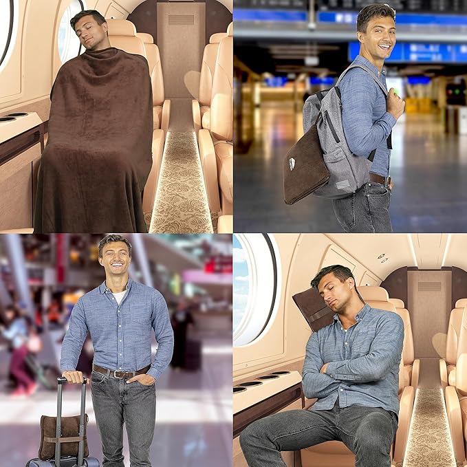 BlueHills Premium Soft Travel Blanket Pillow Airplane Blanket Soft Bag Pillow case with Hand Luggage Belt and Backpack Clip Compact Pack Large Portable Throw Air Plane Flight Travel (Brown T009)