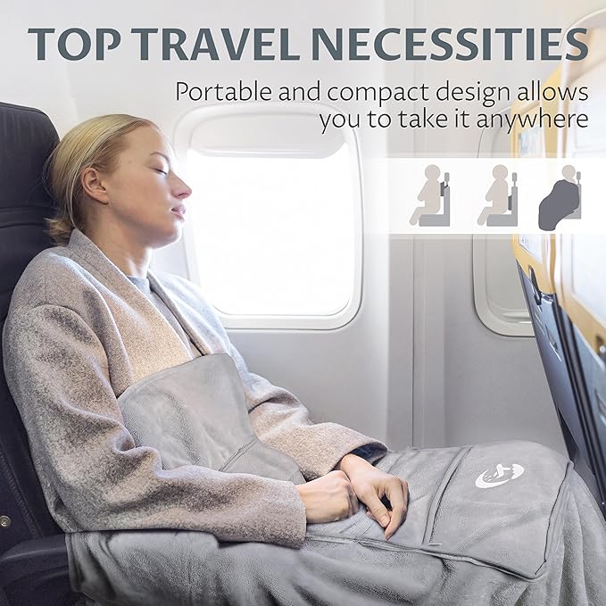 Tirrinia Travel Blanket Airplane Compact with Bag - Cozy Travel Pillow Blanket for Long Flight, Airplane Travel Essentials, Packable and Lightweight Travel Blanket and Pillow Set for Kids & Adults,
